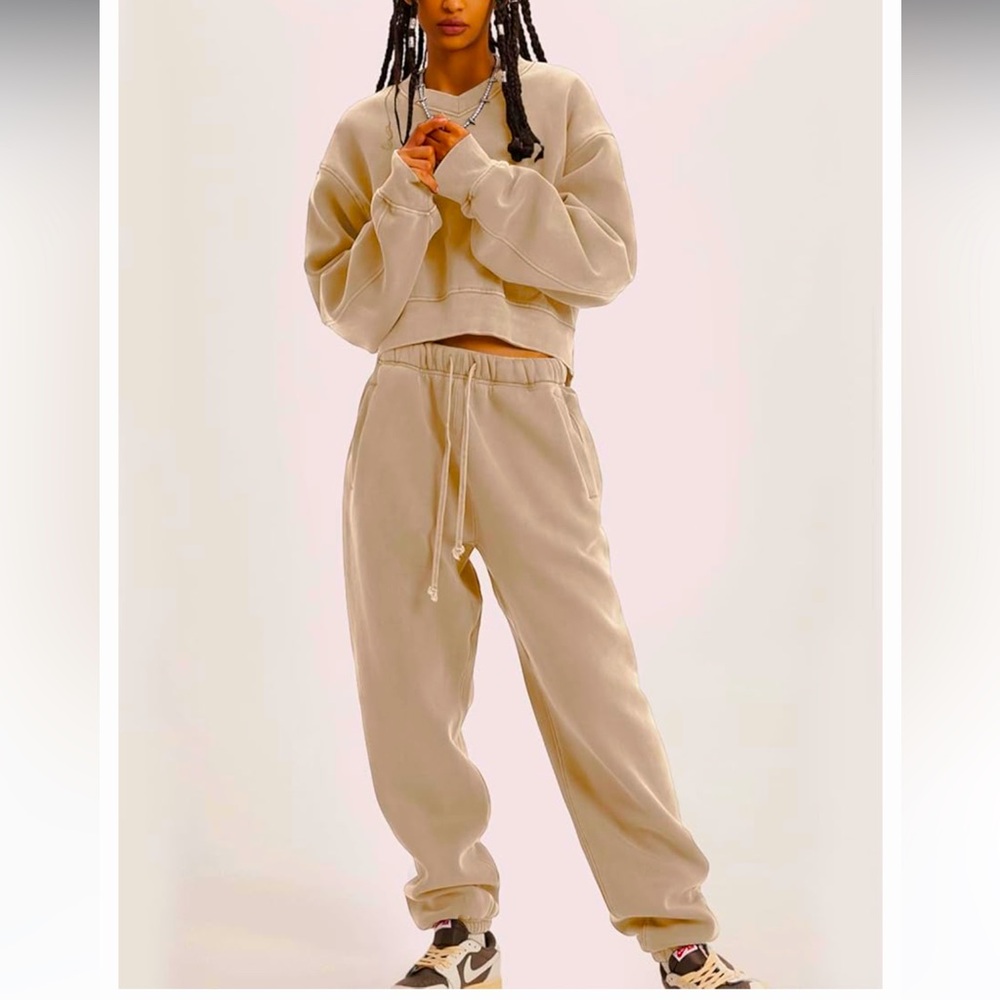Beige 2 piece sweatsuit set by Flygo